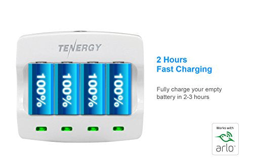 Combo: (Works with Arlo) Tenergy 3.7V RCR123A Li-ion Battery Charger + 4 pcs 3.7V 650mAh RCR123A Li-ion Batteries for Arlo Wire-Free HD Security Cameras (VMC3030) UN, UL Certified