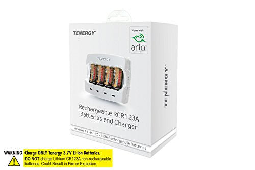 Combo: (Works with Arlo) Tenergy 3.7V RCR123A Li-ion Battery Charger + 4 pcs 3.7V 650mAh RCR123A Li-ion Batteries for Arlo Wire-Free HD Security Cameras (VMC3030) UN, UL Certified