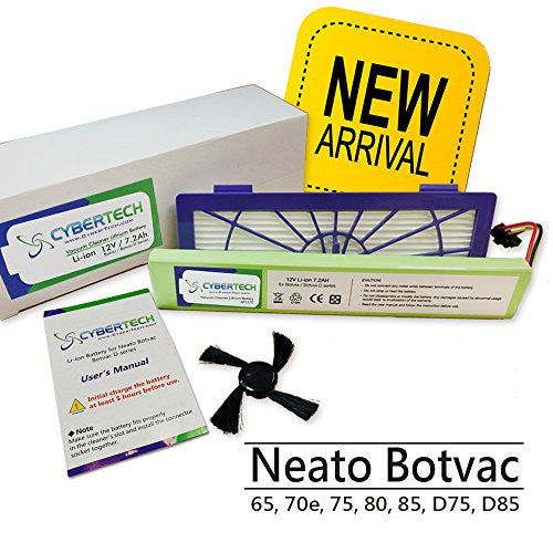 CyberTech High Capacity 7200 mAh Lithium Ion Battery for Neato Botvac Series 70e 75 80 85 and Botvac D Series D75 D80 D85 Robots, One Free Side Brush and One Free HEPA Performance Filter are included