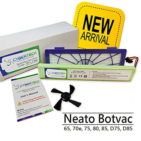 CyberTech High Capacity 7200 mAh Lithium Ion Battery for Neato Botvac Series 70e 75 80 85 and Botvac D Series D75 D80 D85 Robots, One Free Side Brush and One Free HEPA Performance Filter are included