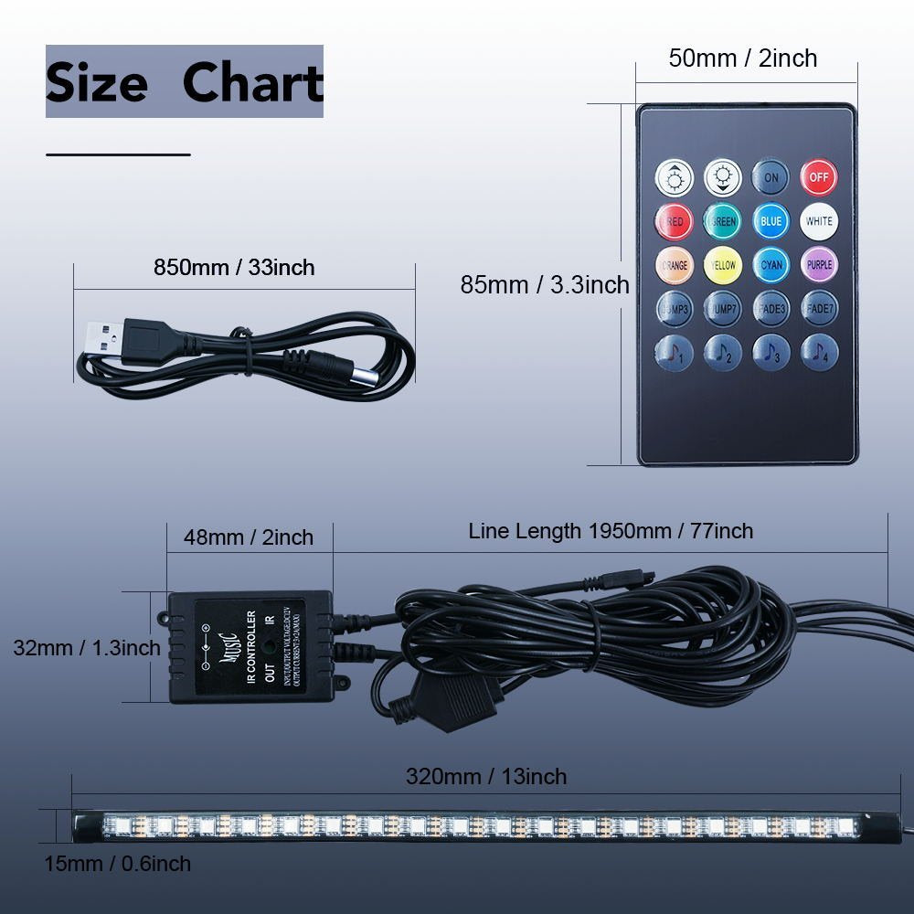 Car LED Strip Light, 4pcs 72 LED DC 12V Multicolor Music Car Interior Light LED -Under Dash Lighting Kit with Sound Active Function and Wireless Remote Control