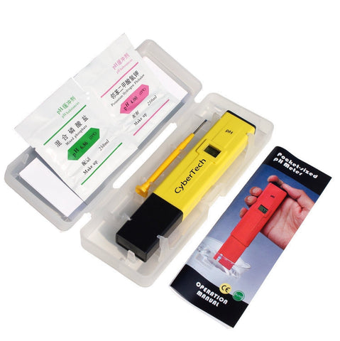 CyberTech PHTester PH-107 Digital pH Meter Tester, With 1 Pack of Calibration Solution Mixture Included.