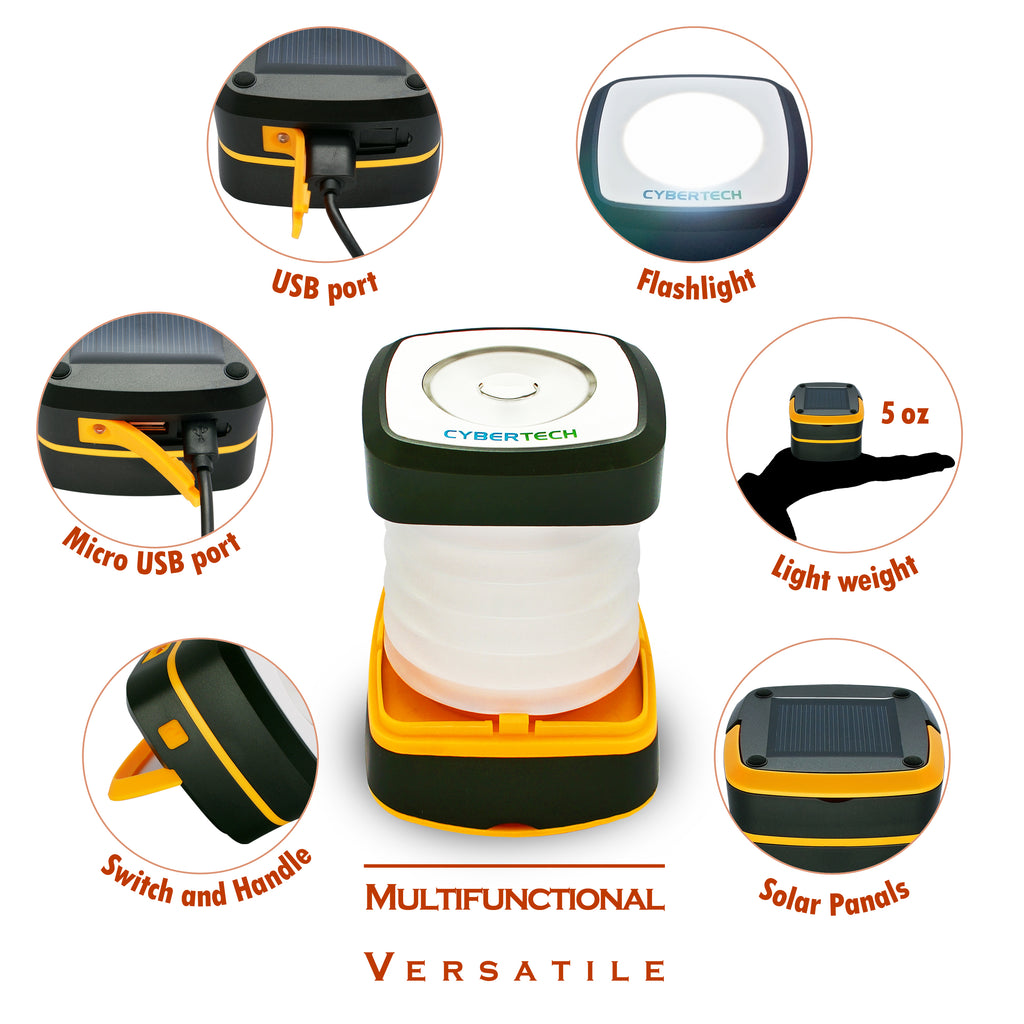 Compact Solar Charging LED Camping Lantern Flashlight For Travel, Camping Fishing - Sun Powered and USB Rechargeable, Portable Mini Collapsible Telescopic Lantern Design with Mobile Phone Charger