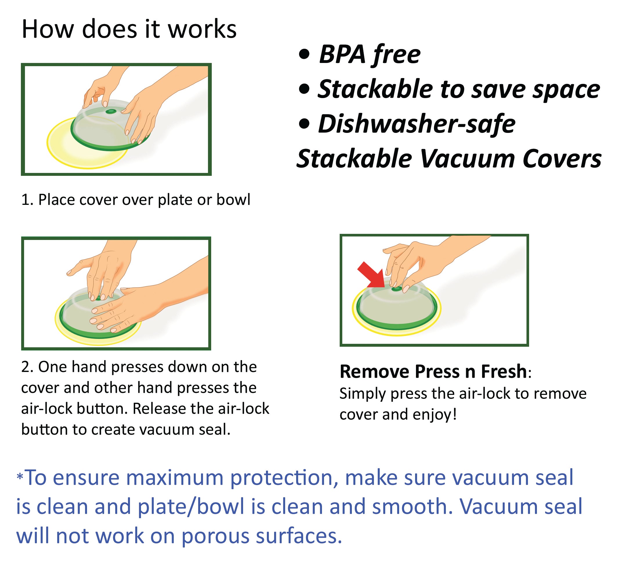 Press n Fresh Universal Vacuum Air-tight Food Sealer Container Plate Platter Lid Cover Topper Dome, Stackable, Safe for Microwave, Dishwasher and BPA Free (9 & 7 inches, Green)