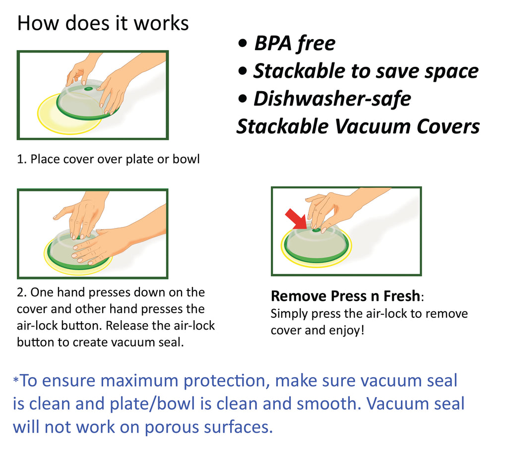 Press n Fresh Universal Vacuum Air-tight Food Sealer Container Plate Platter Lid Cover Topper Dome, Stackable, Safe for Microwave, Dishwasher and BPA Free (9 & 7 inches, Green)