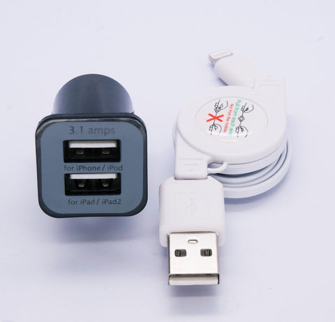 2-Port "Mini Bullet" USB Car Charger (2 Amp) w/ Retractable Lighting Cable For Apple iPhone 5, 5S, 5C, iPad mini, iPad 4 (White)